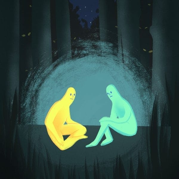 Two illustrated people in a dark forest.