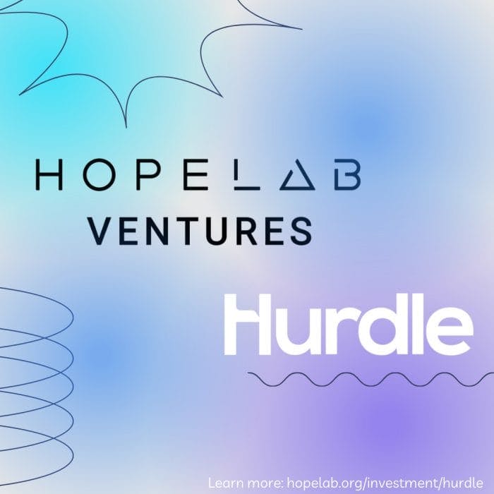An image with a teal and purple gradient background and several decorative shapes. It reads Hopelab Ventures: Hurdle