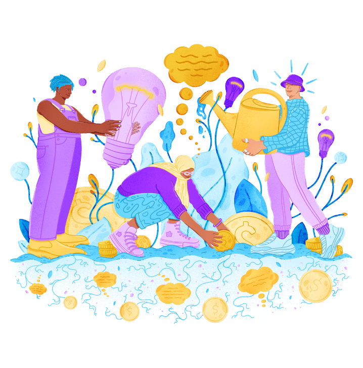 colorful illustration of three diverse people holding an oversized lightbulb, using an oversized watering can, and harvesting gold coins from the ground