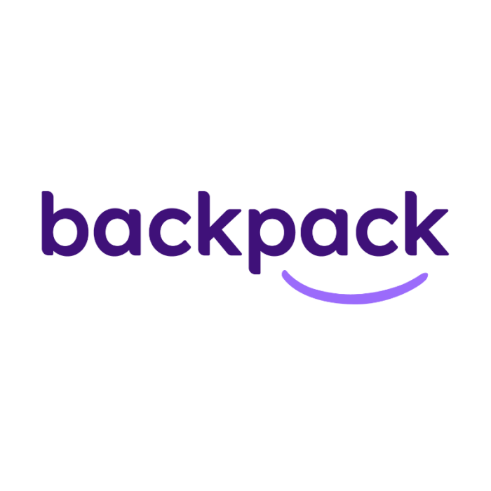 Backpack logo in purple on white background.